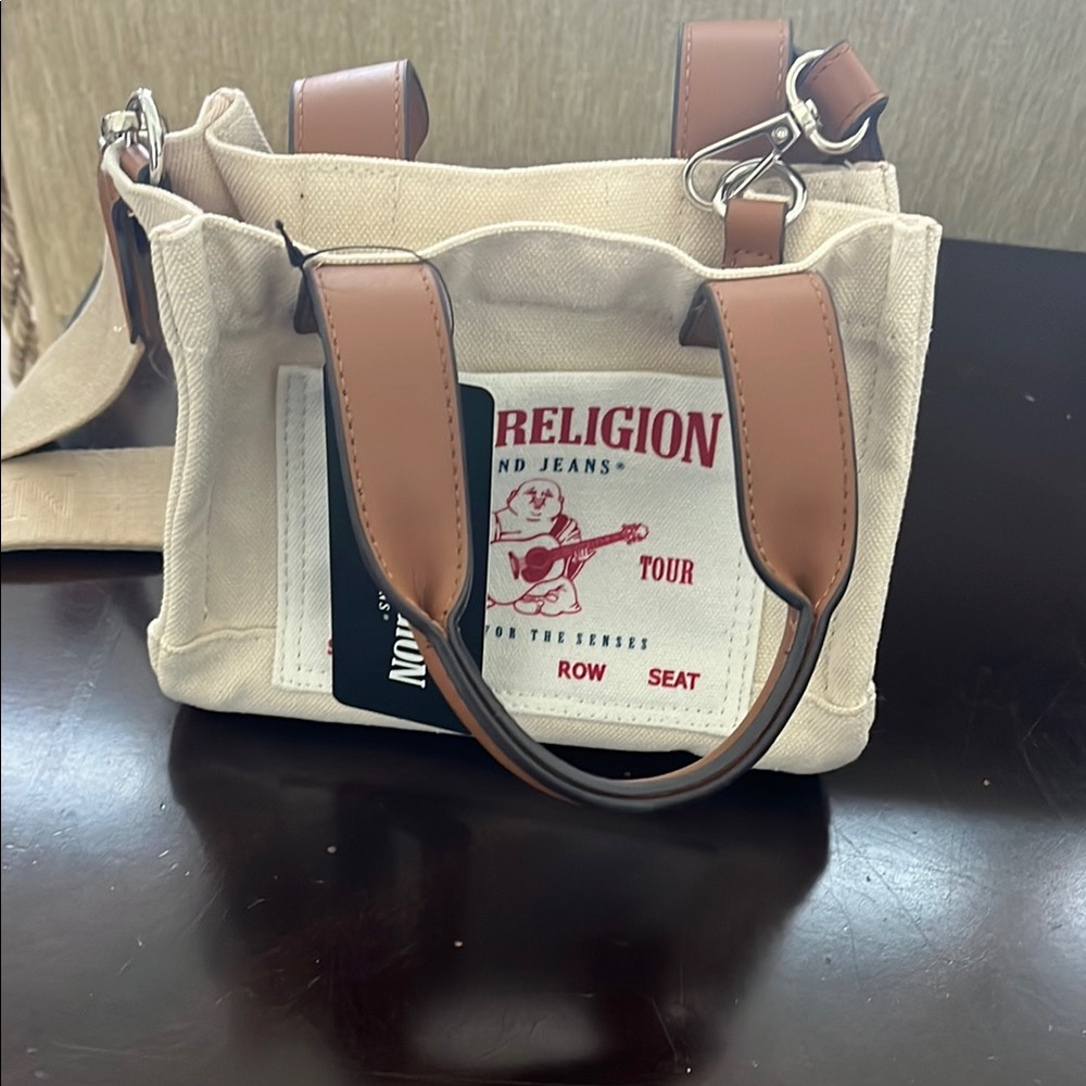 True Religion Cream Canvas Bag with Brown Straps